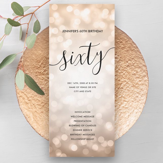 Convites Rosa Dourado Brilhante Luzes 60º Programas de Aniv (Rose Gold Glitter Lights 60th Birthday Programs )