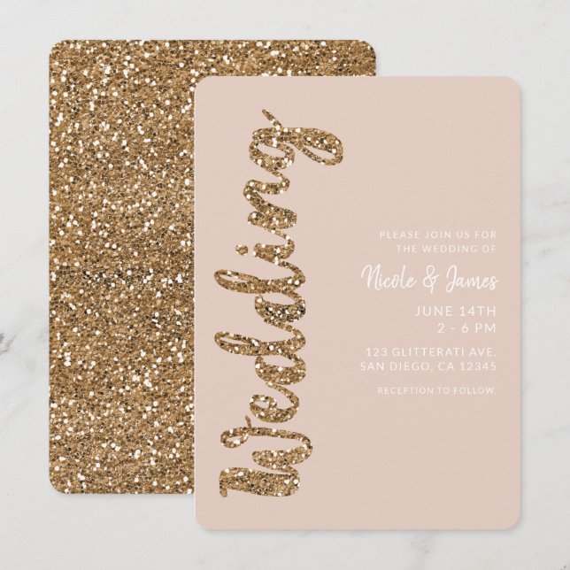 Convites Rosa Dourado Brilhante Moderno Glam Casamento (Frente/Verso)