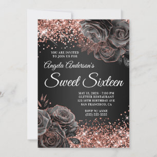 Convites Rosa Dourado Brilhante Preto Floral Glam Doze Anos