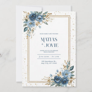 Convites Rosa Dourado Brilho Azul Índigo Aquarela Floral