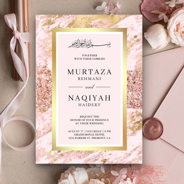 Convites Rosa Dourado Brilho Blush Rosa Mármore Casamento M (Criador carregado)