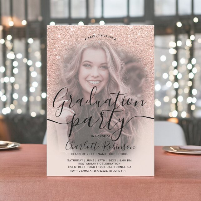 Convites Rosa dourado brilho cor-de-rosa ombre 3 fotos grad (Rose gold glitter pink ombre 3 photos graduation invitation)