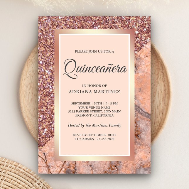 Convites Rosa Dourado Brilho Coral Rosa Mármore Quinceanera (Criador carregado)