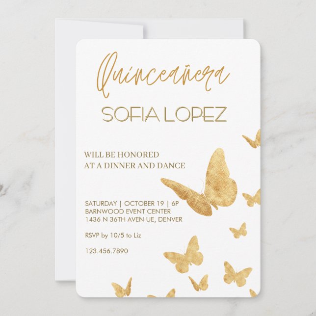 Convites Rosa Dourado Brilho Elegante Quinceañera  (Frente)