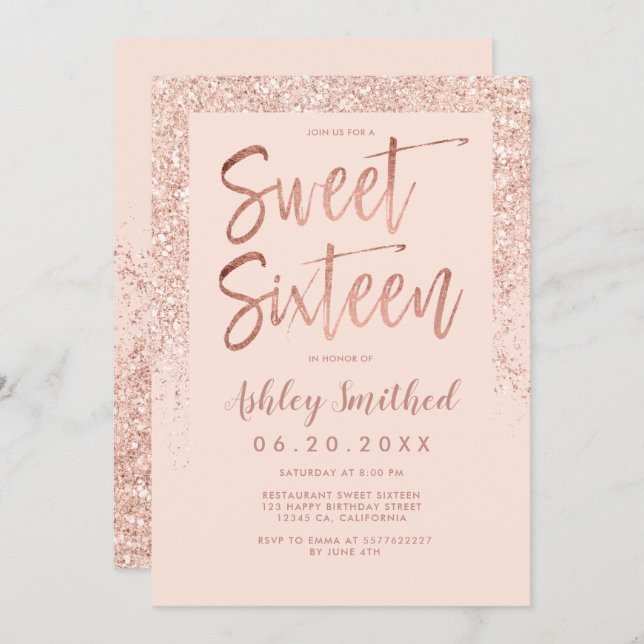 Convites Rosa dourado brilho farelo cor-de-rosa doce dezess (Frente/Verso)