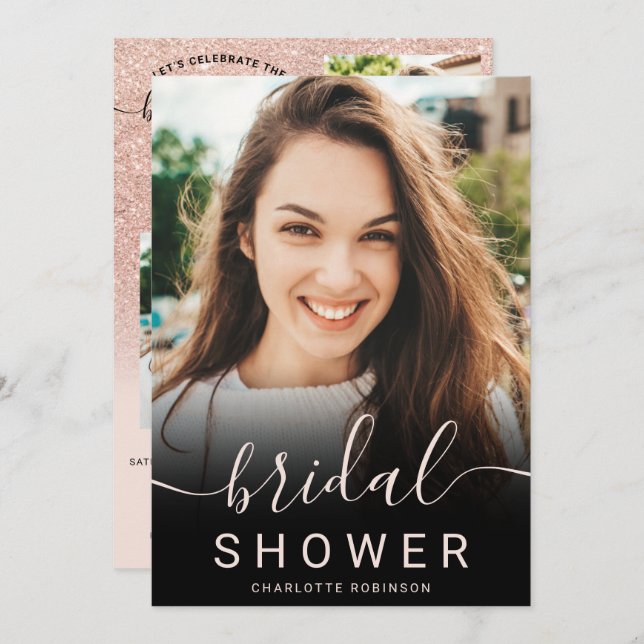 Convites Rosa dourado brilho pink ombre 5 chá de panela fot (Frente/Verso)