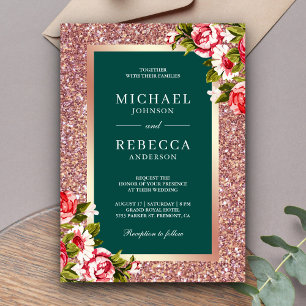 Convites Rosa Dourado Brilho Rosa Floral Esmeralda Casament