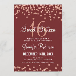 Convites Rosa Dourado Burgundy Sweet 16 Glitter Confetti