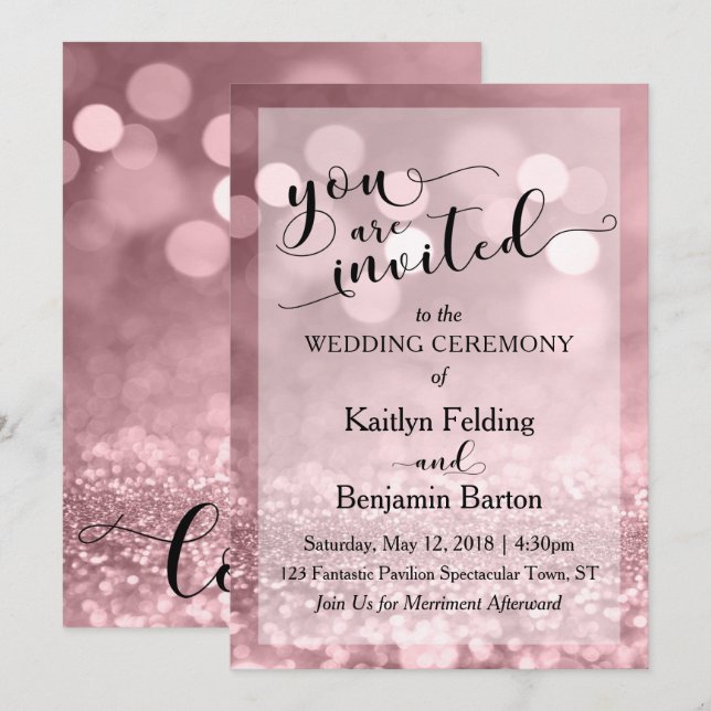 Convites Rosa Dourado Casamento Glitter Bokeh Que Você É Co (Frente/Verso)