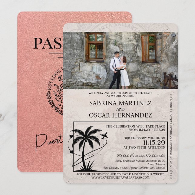 Convites Rosa Dourado Casamento Puerta Vallarta Passaporte (Frente/Verso)