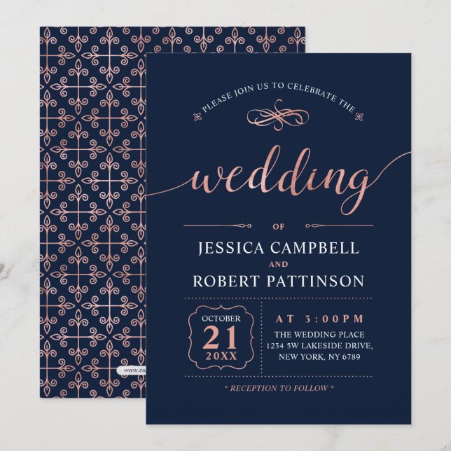 Convites Rosa Dourado | Cerimônia de Casamento Clássica e E (Frente/Verso)
