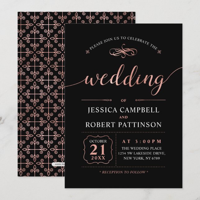 Convites Rosa Dourado | Cerimônia de Casamento Clássica e E (Frente/Verso)