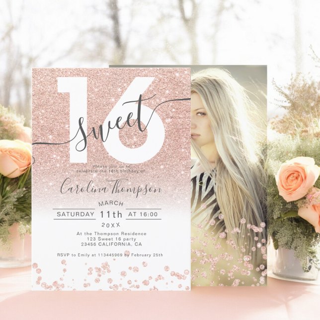 Convites Rosa dourado confete branco doce 16 foto (Rose gold glitter confetti white Sweet 16 photo Invitation)