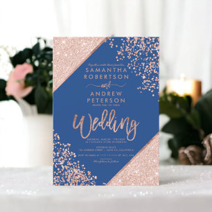 Convites Rosa dourado confete chic blue casamento