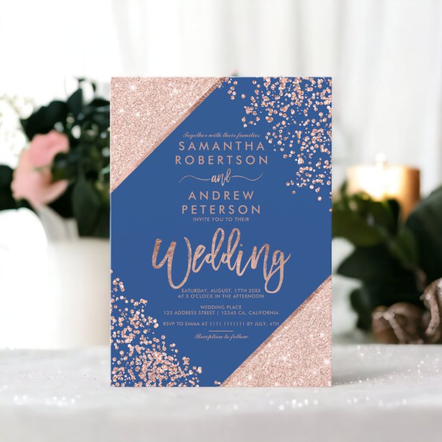 Convites Rosa dourado confete chic blue casamento (Rose gold glitter confetti chic blue wedding invitation)