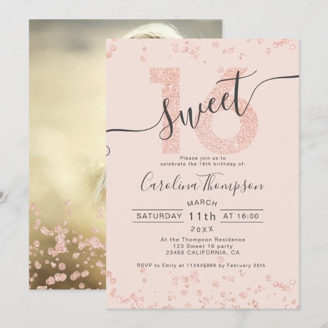 Convites Rosa dourado confetti blush Sweet 16 foto (Frente/Verso)