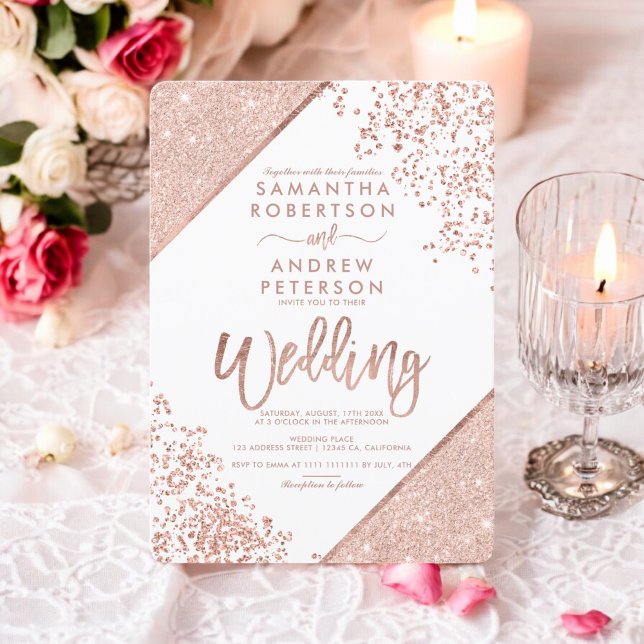 Convites Rosa dourado confetti chic white (Rose gold glitter confetti chic white wedding invitation)
