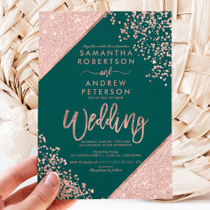 Convites Rosa dourado confetti emerald green casamento
