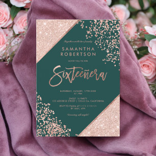 Convites Rosa dourado confetti emerald green Sweet 16