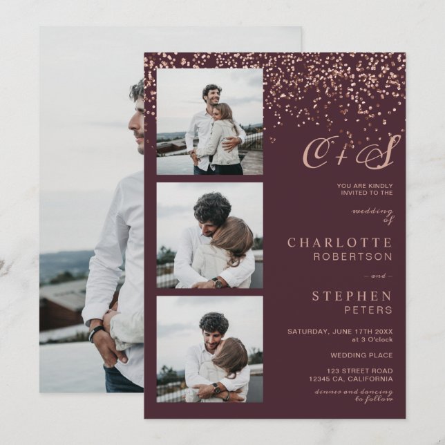 Convites Rosa dourado confetti iniciais vermelhas fotos do  (Frente/Verso)