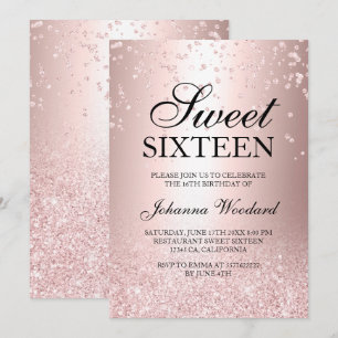 Convites rosa dourado confetti metálico glitter Sweet 16