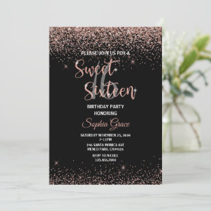 Convites Rosa dourado Confetti negro Sweet 16 Aniversário