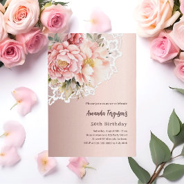 Convites Rosa dourado cor-de-rosa floral renda luxo 50 anos