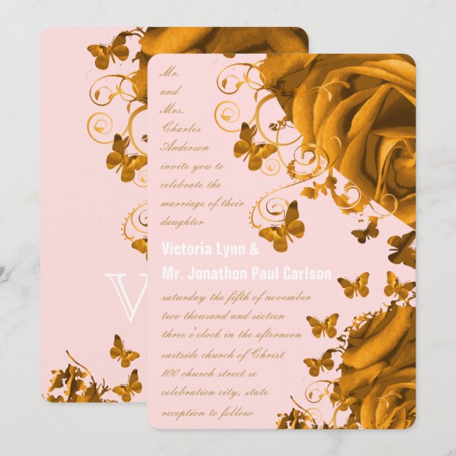 Convites Rosa Dourado Corações e Rosa Casamento (Frente/Verso)