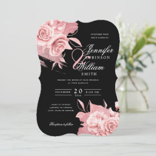 Convites Rosa Dourado de Casamento Elegante Floral e Preto 