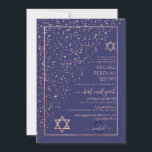 Convites Rosa Dourado de Confetti Diagonal Bat Mitzvah<br><div class="desc">Este elegante e único convite Bat Mitzvah é ideal para um evento clássico e formal. Ele apresenta uma configuração falsa impressa de brilho rosa dourado esparso, impressa diagonalmente através do convite na parte superior de uma borda de retângulo ouro fino com um fundo azul marinho. É chic, moderno, luxuoso, bonito,...</div>