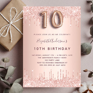 Convites rosa dourado do 10.º aniversário goteja vidro rosa