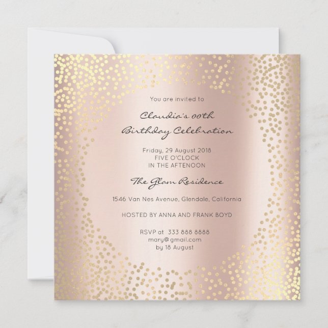 Convites Rosa Dourado Dots Confetti Champaigne Aniversário  (Frente)