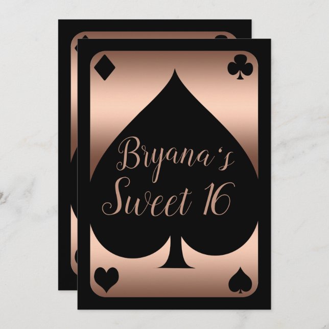 Convites Rosa Dourado e Black Spade Glam Casino Sweet 16 Pa (Frente/Verso)
