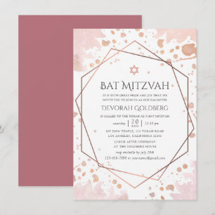 Convites Rosa Dourado e Blush Geométrico Mitzvah