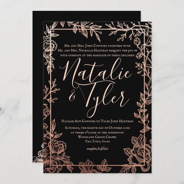 Convites Rosa Dourado e Preto Quadro de Desenho Floral Clás (Frente/Verso)