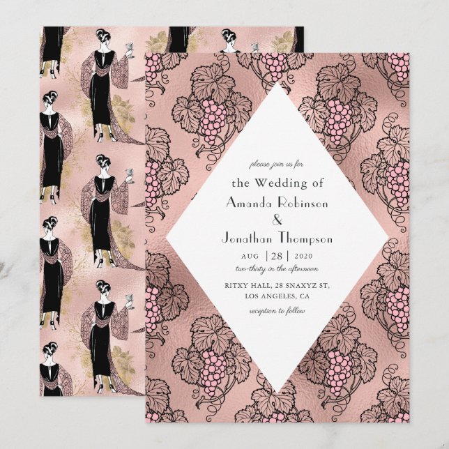 Convites Rosa Dourado e Rosa Bege Art Deco Vinho Casamento (Frente/Verso)