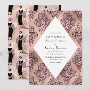 Convites Rosa Dourado e Rosa Bege Art Deco Vinho Casamento