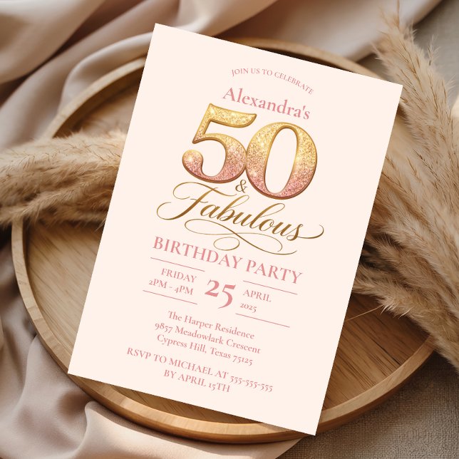 Convites Rosa Dourado Elegante 50º Aniversário (Criador carregado)