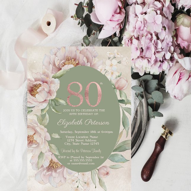 Convites Rosa Dourado Elegantes Flores Verde 80º Aniversári (Criador carregado)