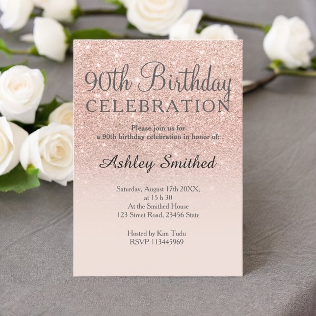 Convites Rosa dourado falso brilho cor-de-rosa 90 (Rose gold faux glitter pink ombre 90th birthday invitation)