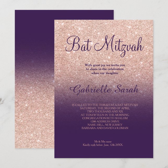 Convites Rosa dourado falso brilho púrpura ombre Bat Mitzva (Frente/Verso)