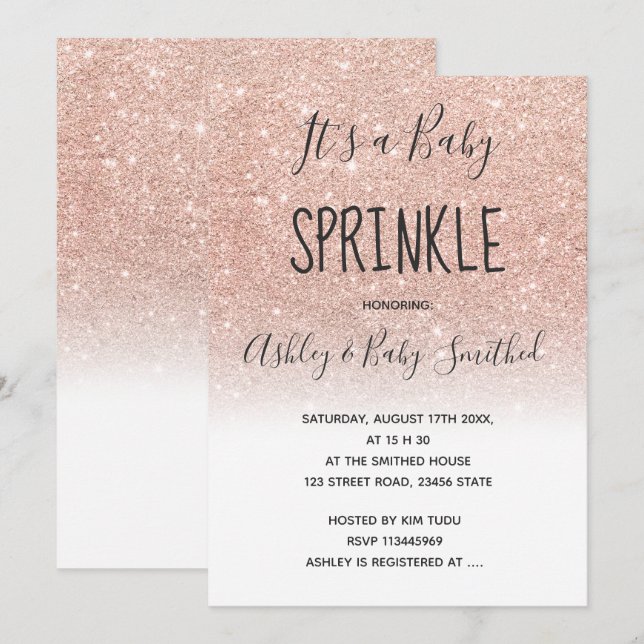 Convites Rosa dourado falso cintilador branco aspersão de b (Frente/Verso)