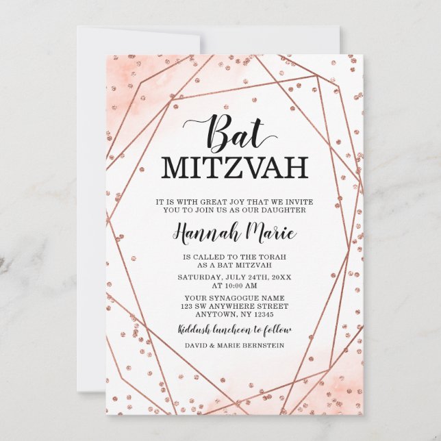 Convites Rosa Dourado Faux Glitter Geométrico Bat Mitzvah (Frente)