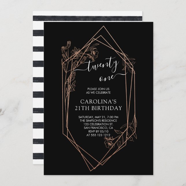 Convites Rosa Dourado Floral 21º Aniversário (Frente/Verso)