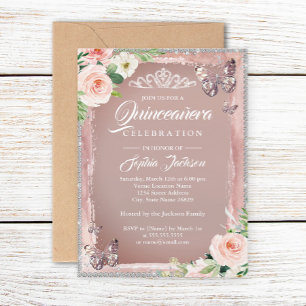 Convites Rosa Dourado Floral Borboleta Brilho Quinceanera