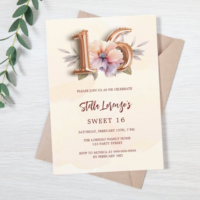 Convites Rosa dourado floral em aquarela Sweet 16 (Criador carregado)
