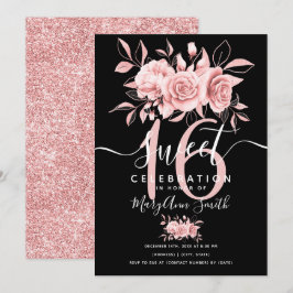 Convites Rosa Dourado Floral Floral 16º Aniversário Preto