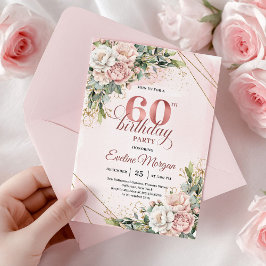 Convites Rosa Dourado Floral Verde Água 60º Aniversário