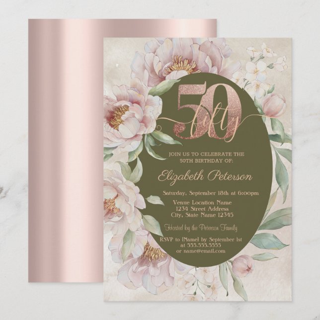 Convites Rosa Dourado Flores Elegantes 50º Aniversário  (Frente/Verso)
