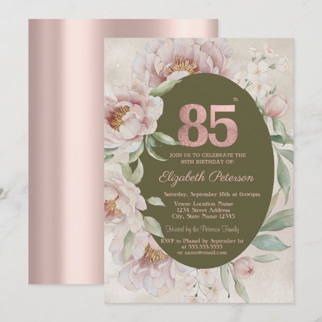 Convites Rosa Dourado Flores Elegantes 85º Aniversário  (Frente/Verso)